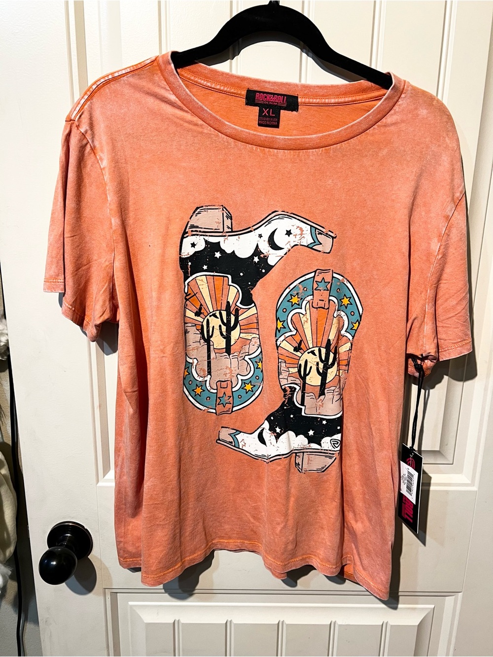 Rock & Roll Cowgirl Coral Graphic Short Sleeve Tee with Desert Boot Design